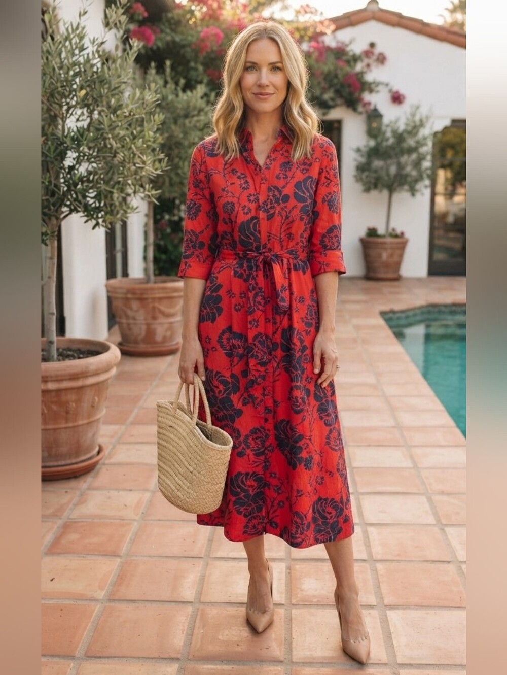 GOA Paris Red & Navy Floral Linen-Blend Shirt Dress - Size Small